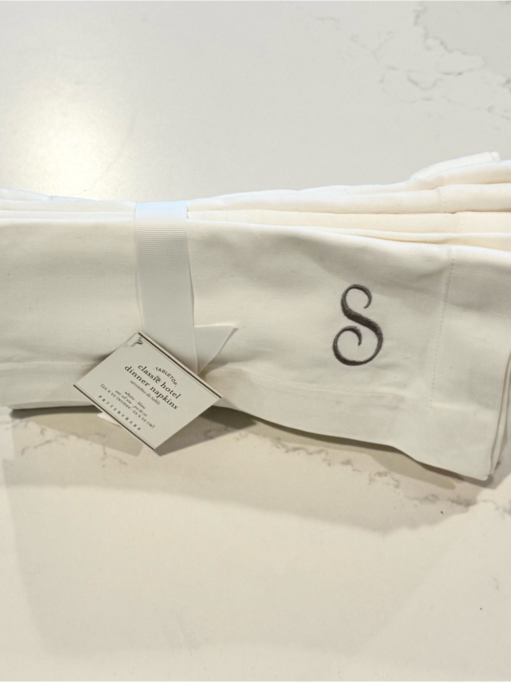 Pottery Barn Hotel Monogrammed White Table Napkins with Gray 'S'